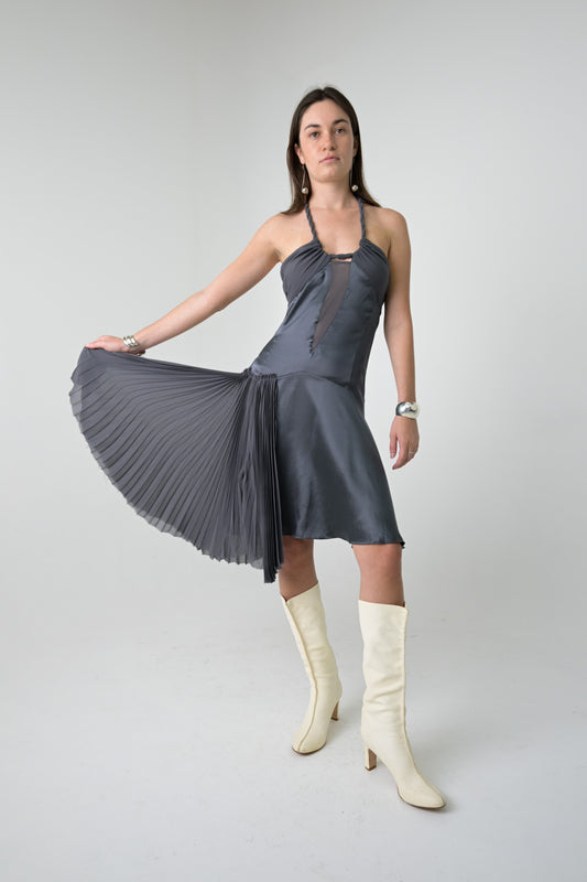 Gunmetal Silk Pleat Dress