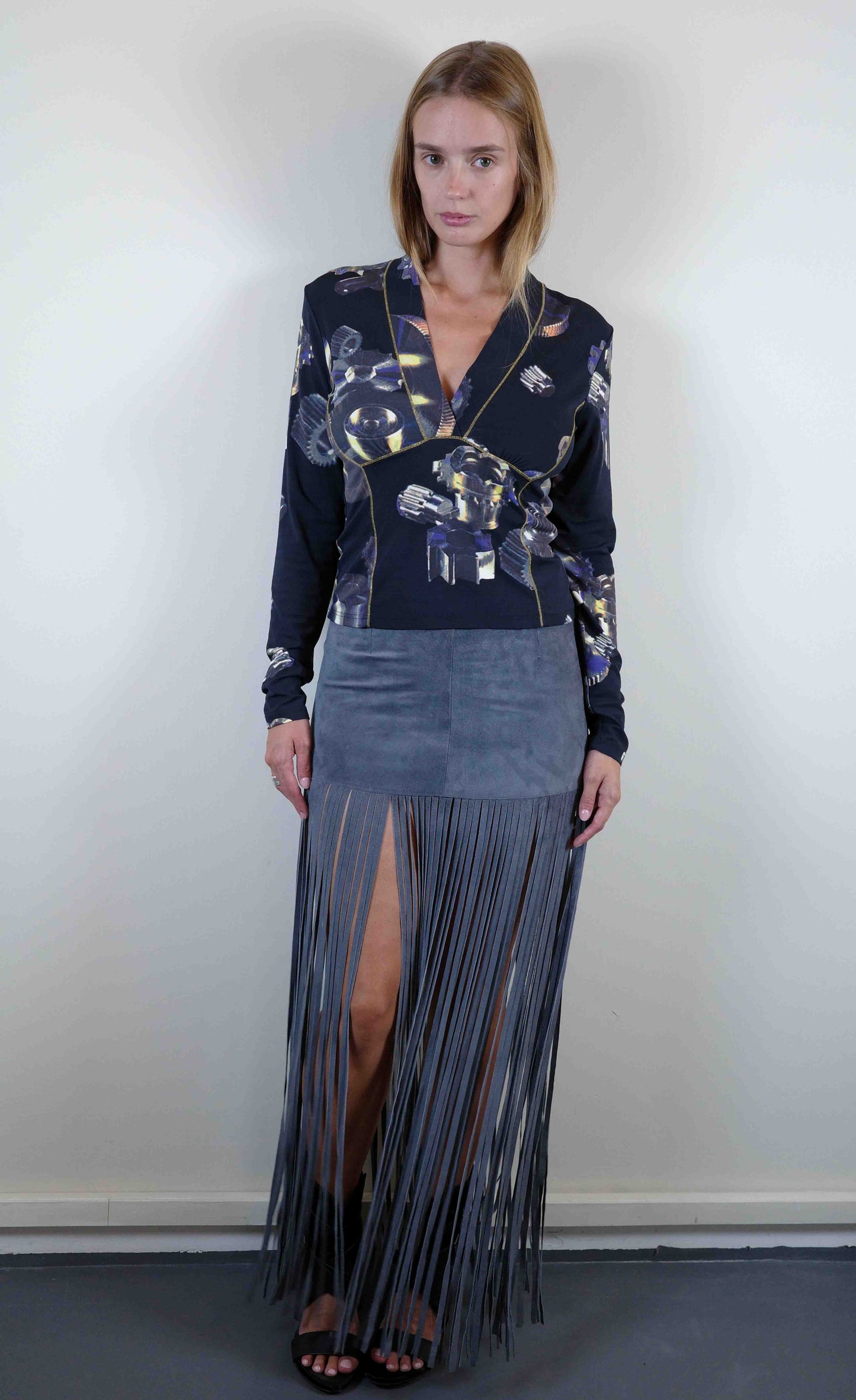 Stone Suede Fringe Skirt