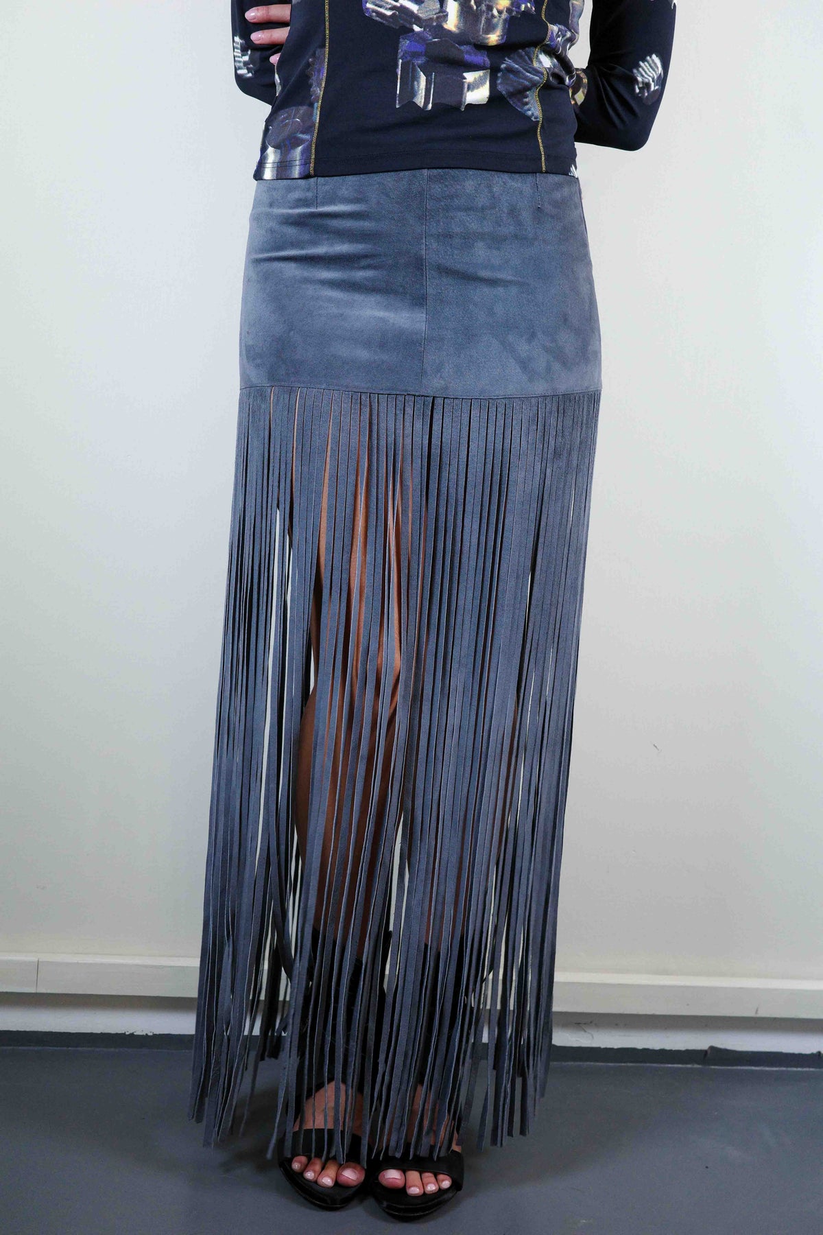 Stone Suede Fringe Skirt