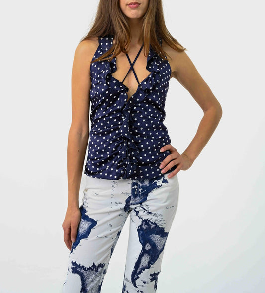 Spotted Silk Ruffle Halter Top