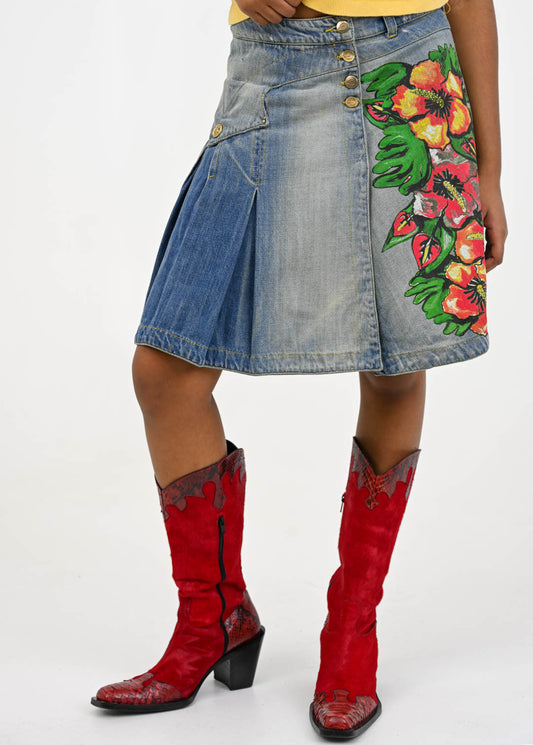 Roberto Cavalli Hibiscus Denim Skirt