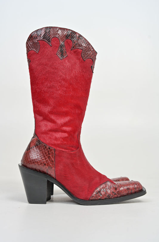 Crimson Calf Hair Snakeskin Cowboy Boots (40)