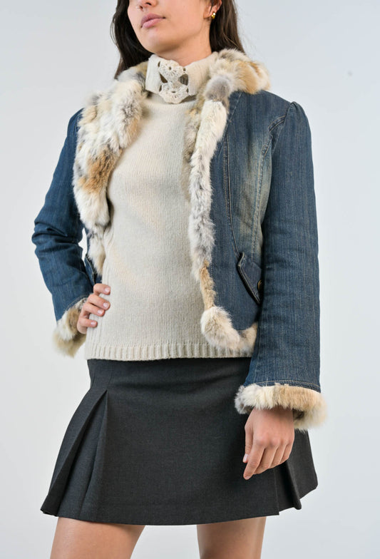 Rabbit Fur Trim Denim Jacket